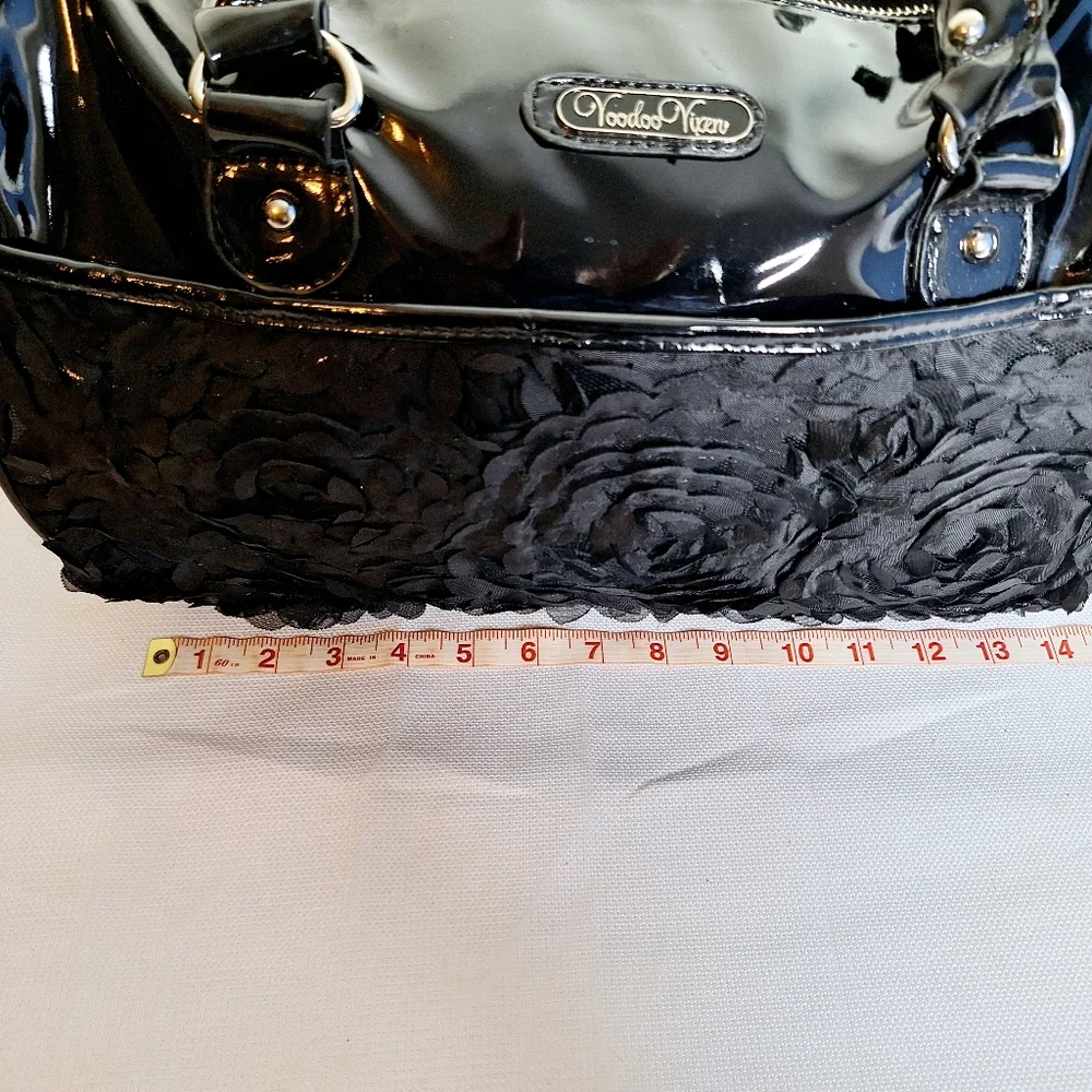 Voodoo Vixen Black Floral Satin & Patent Satchel - Picture 9 of 16
